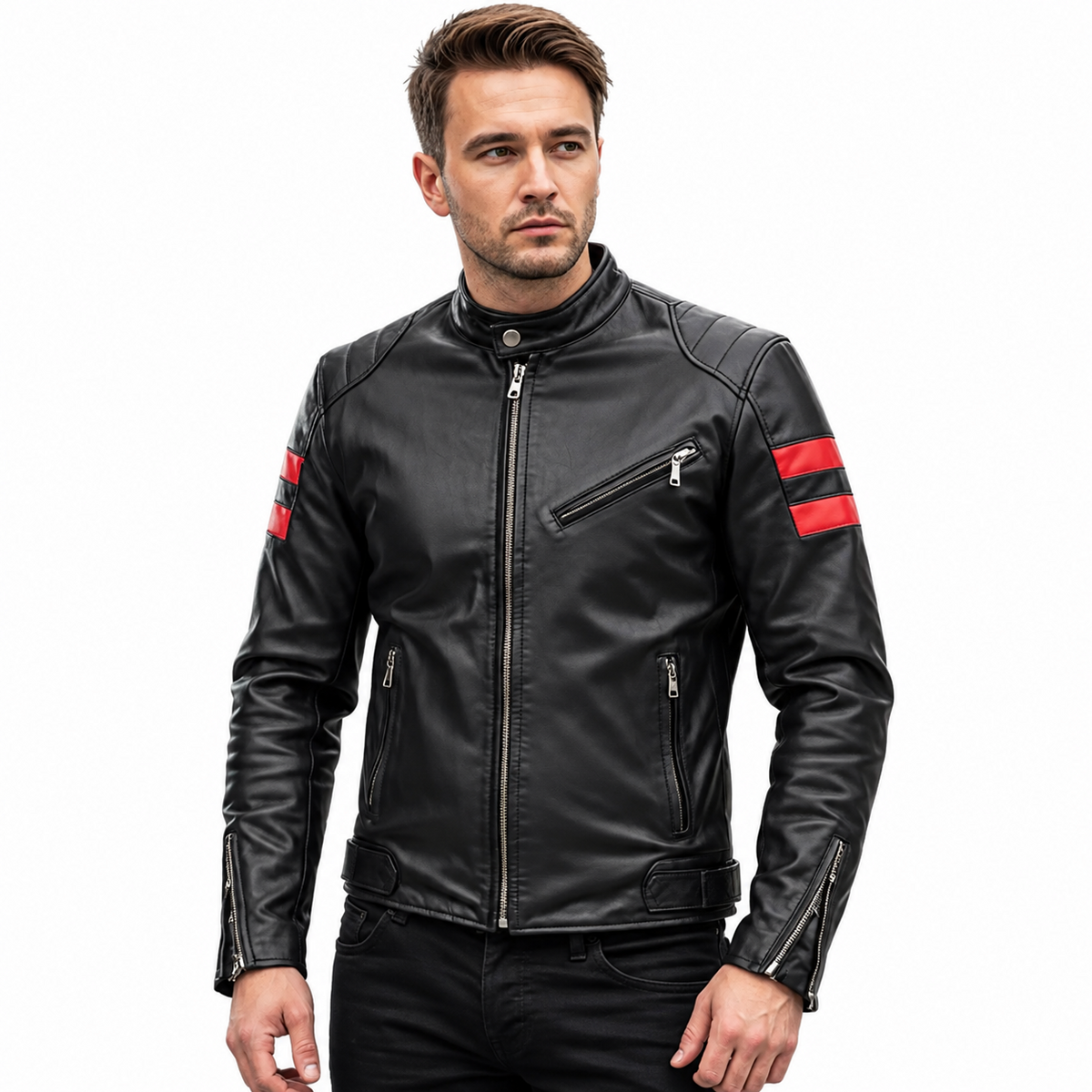 Men’s black leather cafe racer jacket with red upper sleeve stripes, snap stand collar, front zipper and three zip pockets, front view.