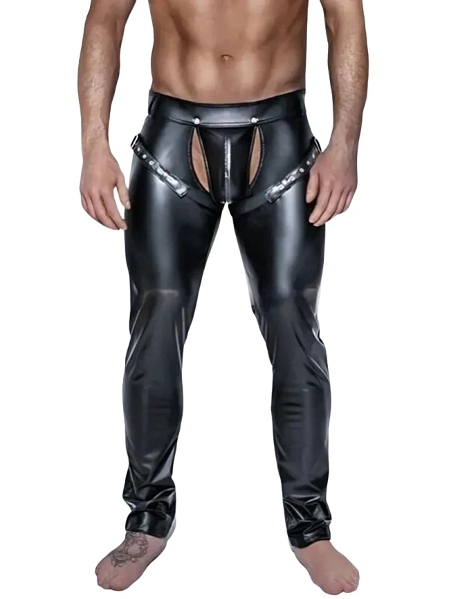 Front view of men's black leather chaps with twin front cutouts, a central zip panel, wide waistband and angled hip buckle straps.