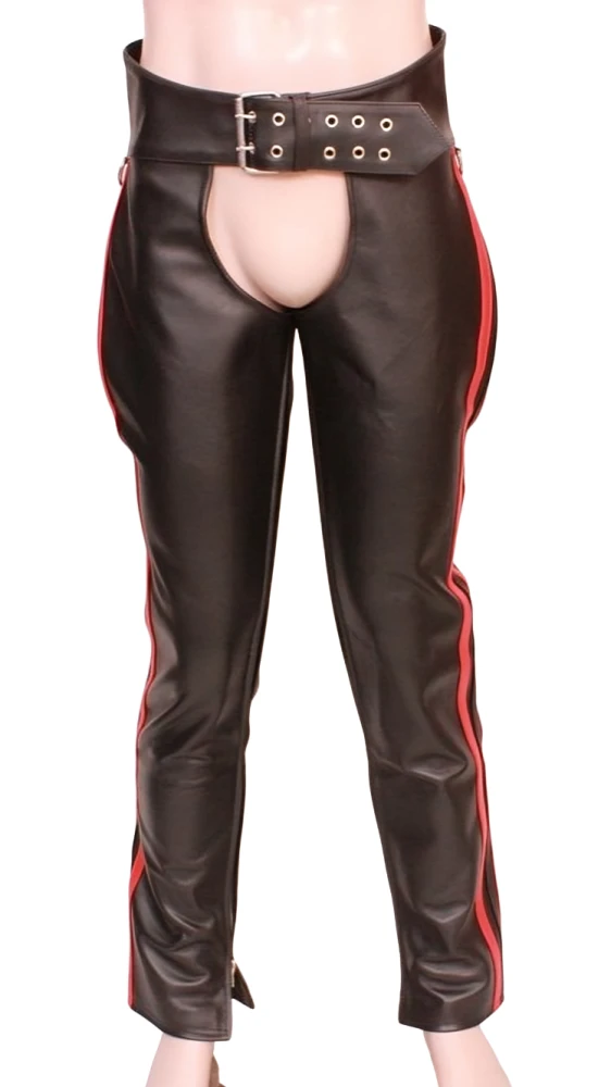 Front view of men's black leather open-seat chaps with a broad double-prong buckle waistband, open front and contrasting red side stripes.