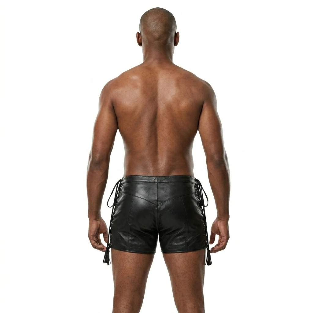 Rear view of men's black leather short shorts with angled panel seams, a covered seat, short hems and black lacing along both sides.
