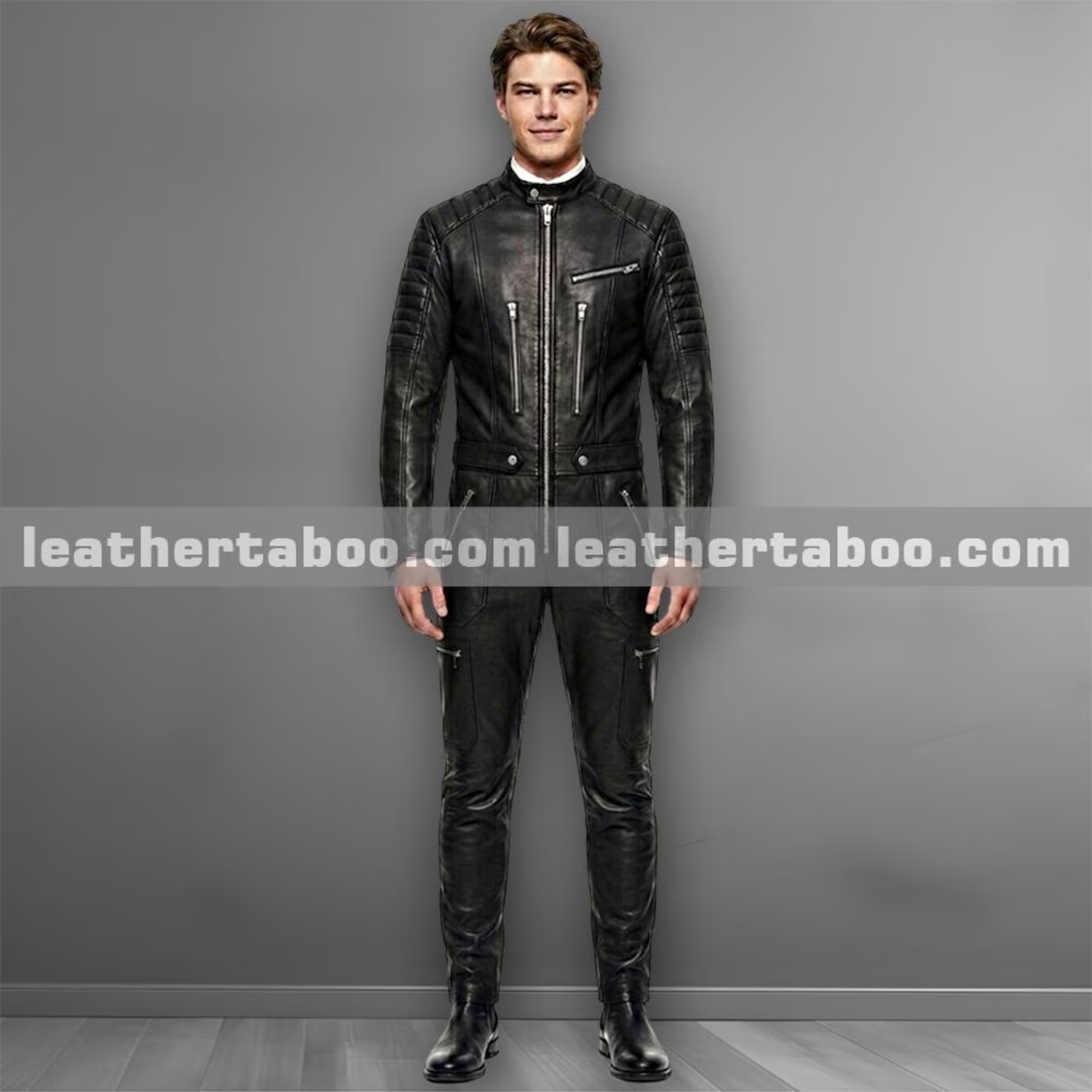 Men’s black sheepskin leather jumpsuit front view with quilted sleeves, stand collar, silver zipper pockets and snap waist tabs on a model.