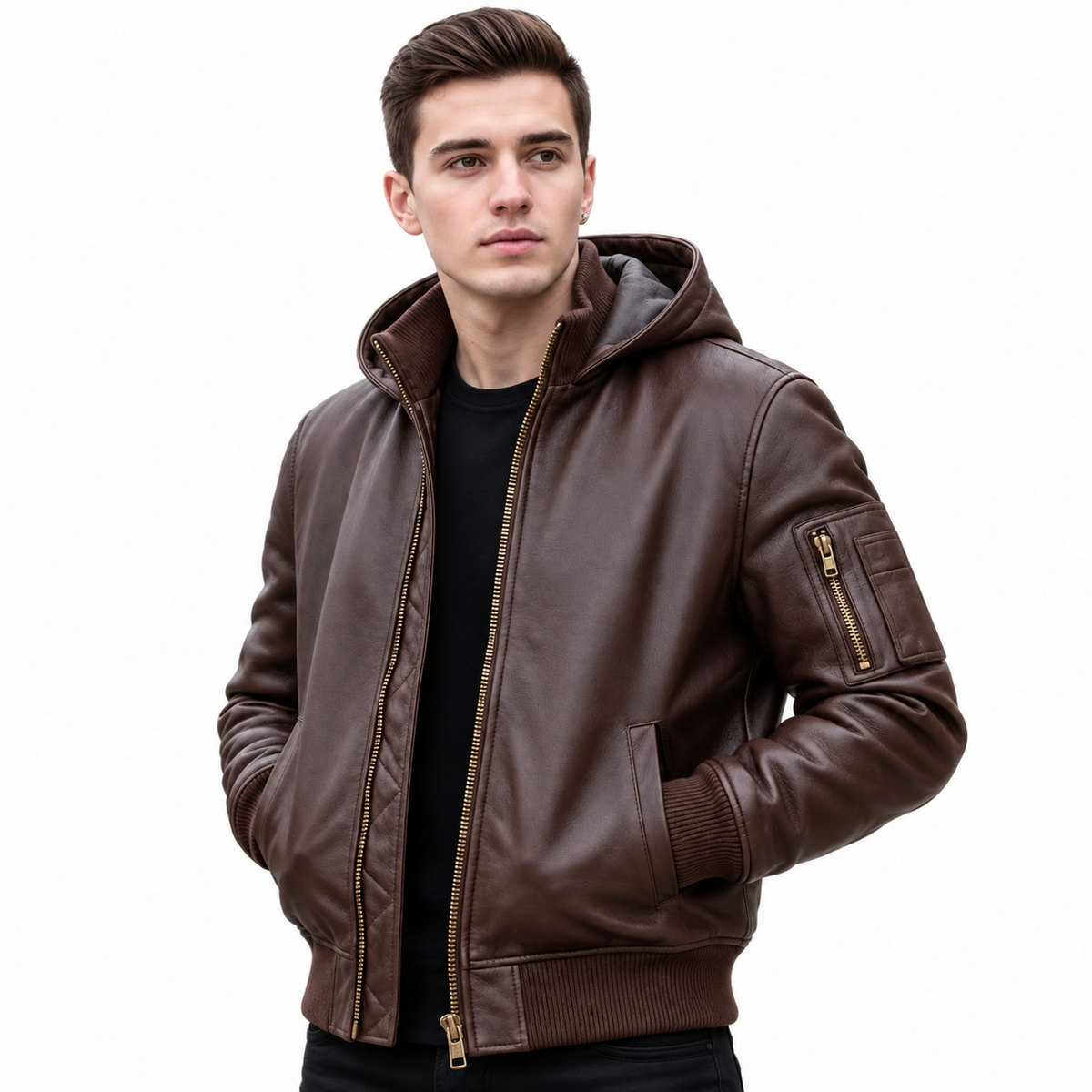 Men’s brown hooded leather bomber jacket front view with brass-tone zipper, ribbed cuffs and hem, welt pockets and an upper sleeve zip pocket.