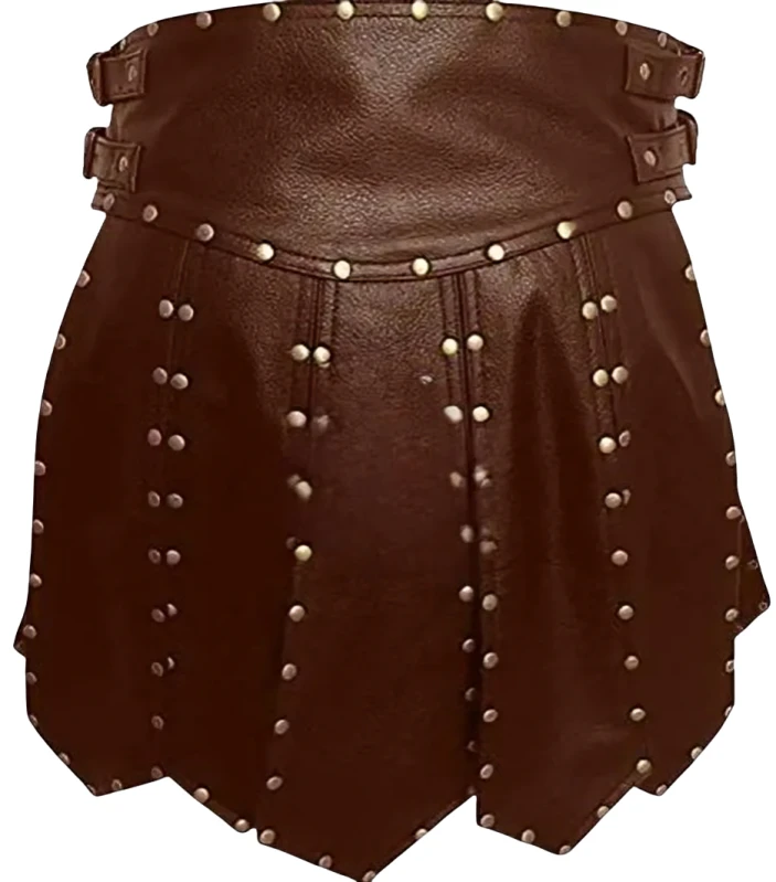 Front view of men's brown leather gladiator kilt with a broad studded waist, side buckle straps and pointed hanging panels with metal studs.