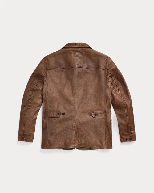 Back view of men's distressed brown leather jacket showing the shoulder yoke, central seam, buttoned waist tabs and long button-cuff sleeves.