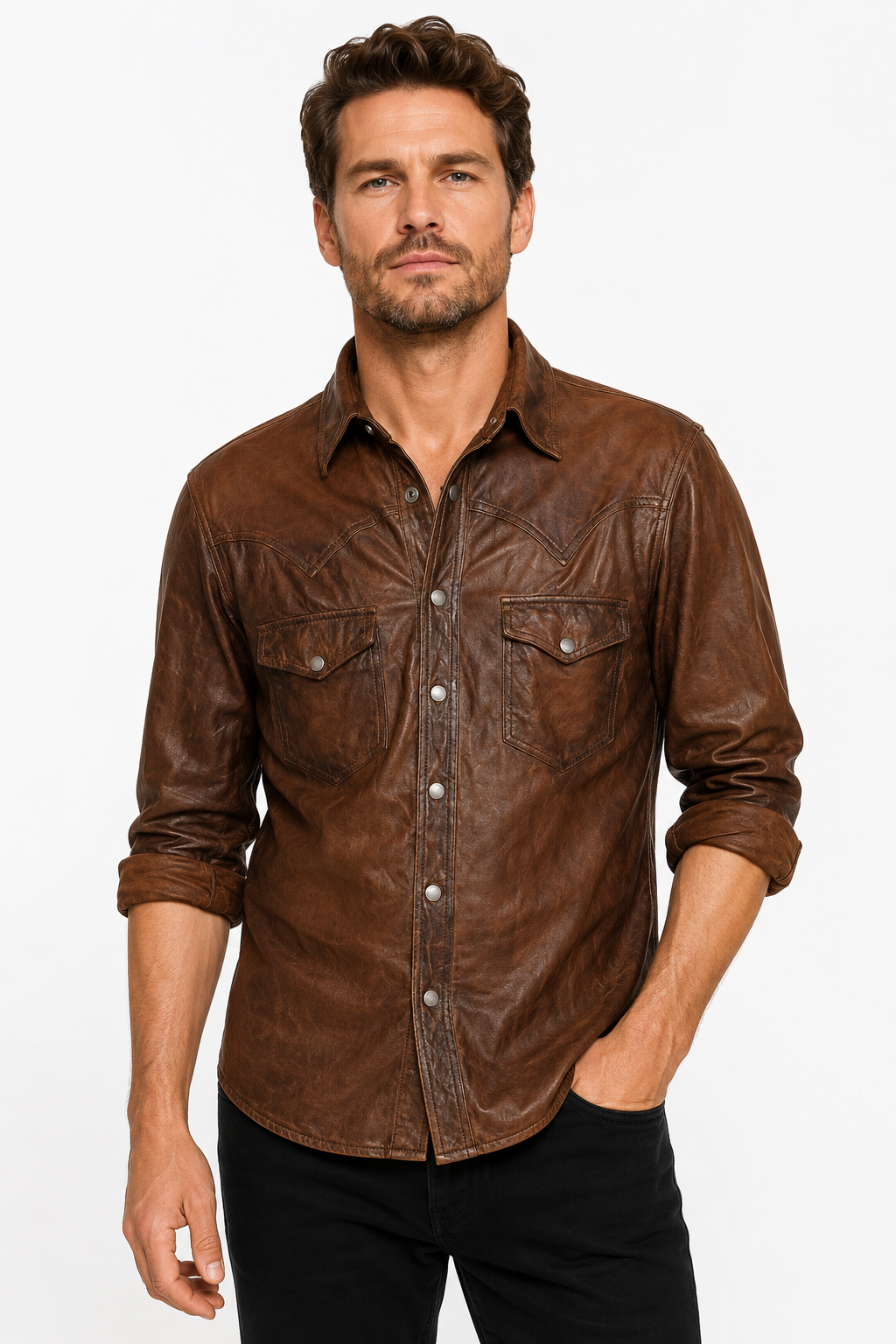 Men’s distressed brown leather western shirt front view with snap closure, pointed collar, shaped chest yokes and two flap chest pockets.
