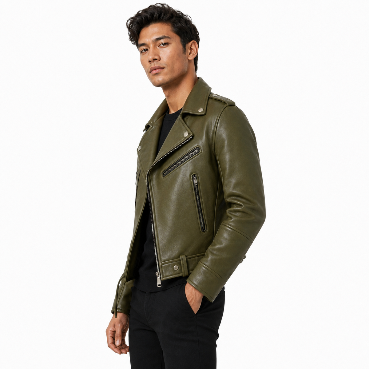 Angled view of men’s olive green leather biker jacket showing snap lapels, shoulder epaulette, zip pockets and a belted waist over black clothing.