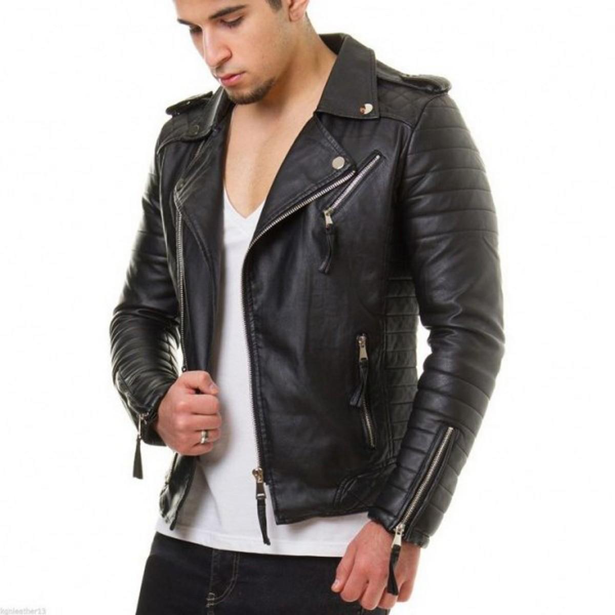 Men's Vintage Quilted Genuine Leather Biker Jacket - Soft Padded Motorcycle Jacket
