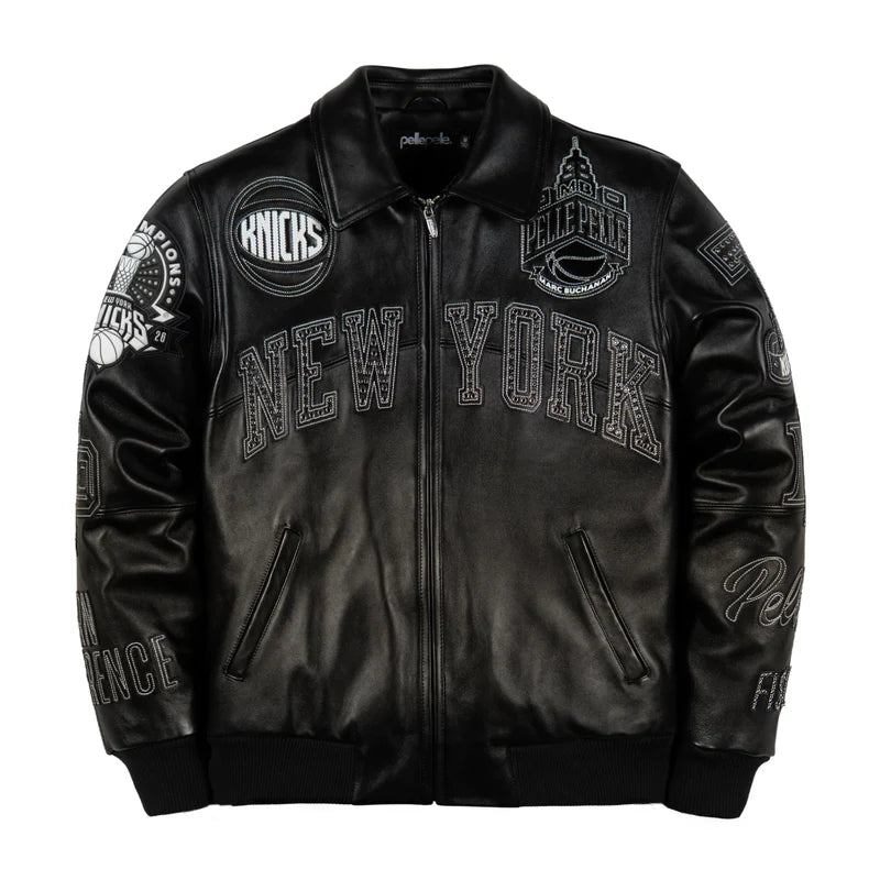 Pelle Pelle x FISLL City of Knicks women’s black leather jacket with New York lettering, zip front and graphic patches