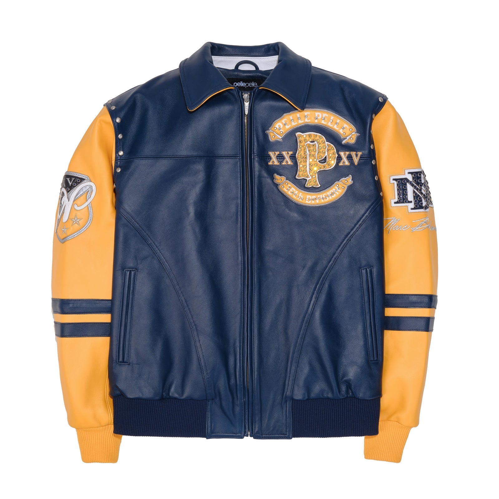 Pelle Pelle Panther Varsity Jacket for Men – Premium Cowhide Leather in Navy & Yellow with Embroidered Patchwork