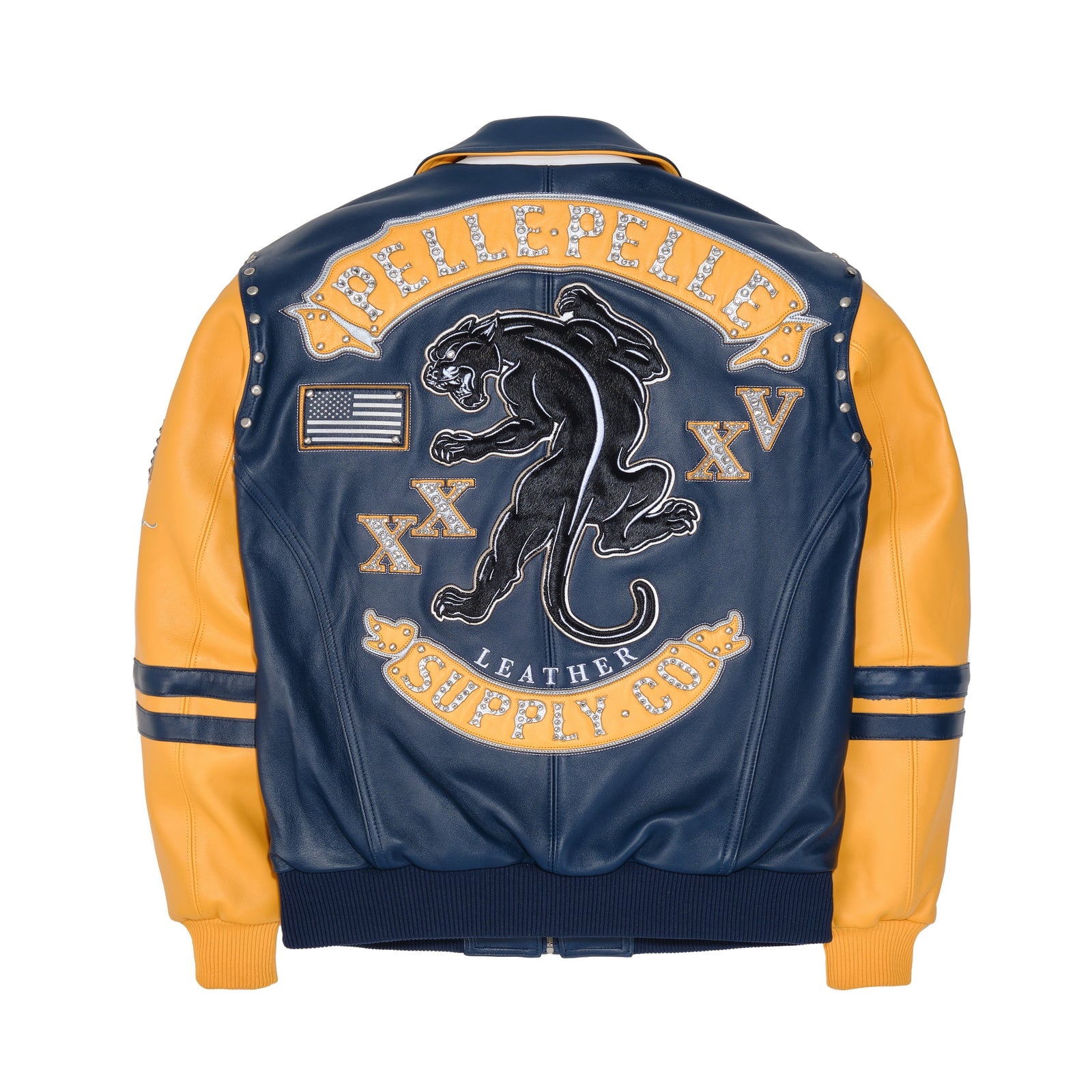 Pelle Pelle Panther Varsity Jacket for Men – Premium Cowhide Leather in Navy & Yellow with Embroidered Patchwork