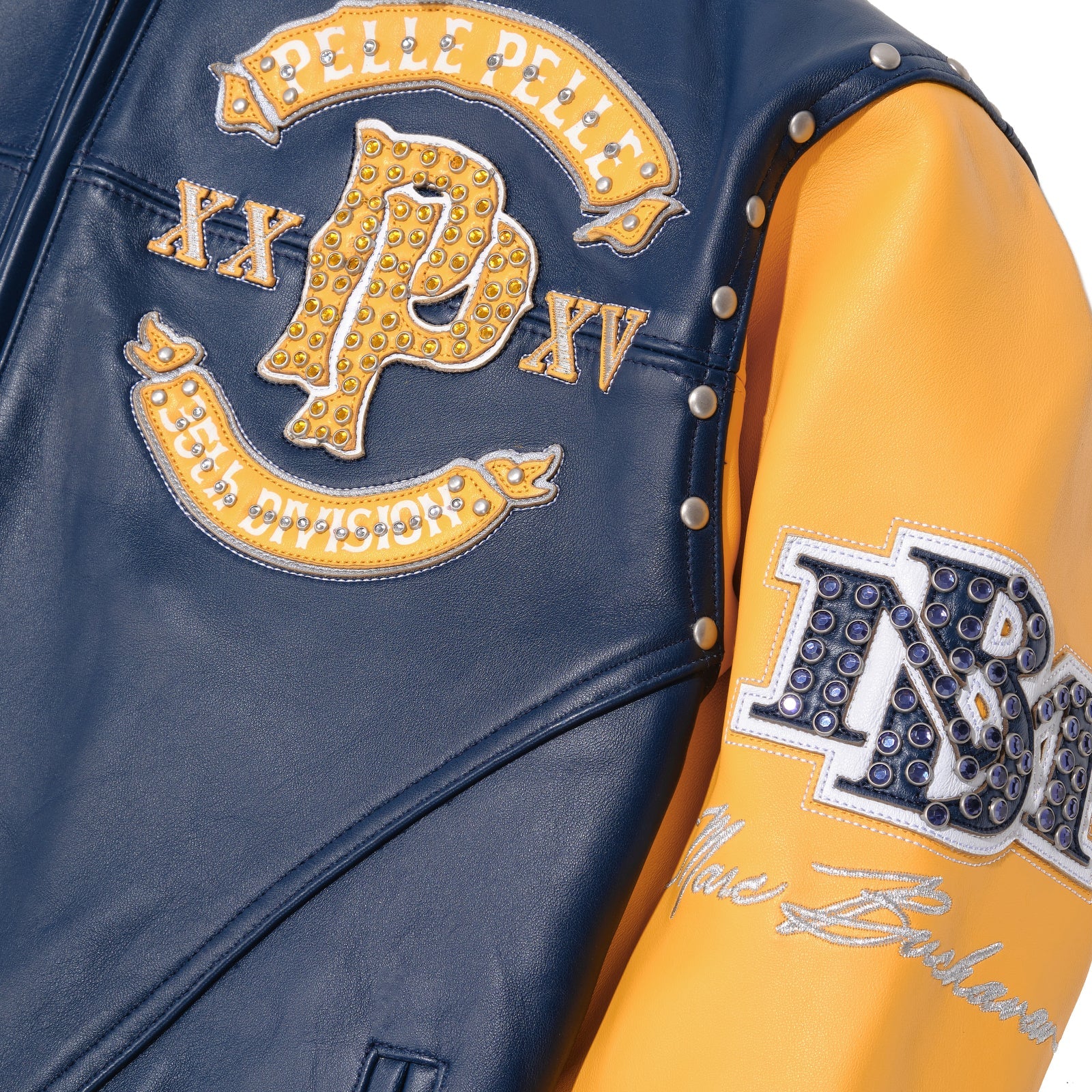 Pelle Pelle Panther Varsity Jacket for Men – Premium Cowhide Leather in Navy & Yellow with Embroidered Patchwork