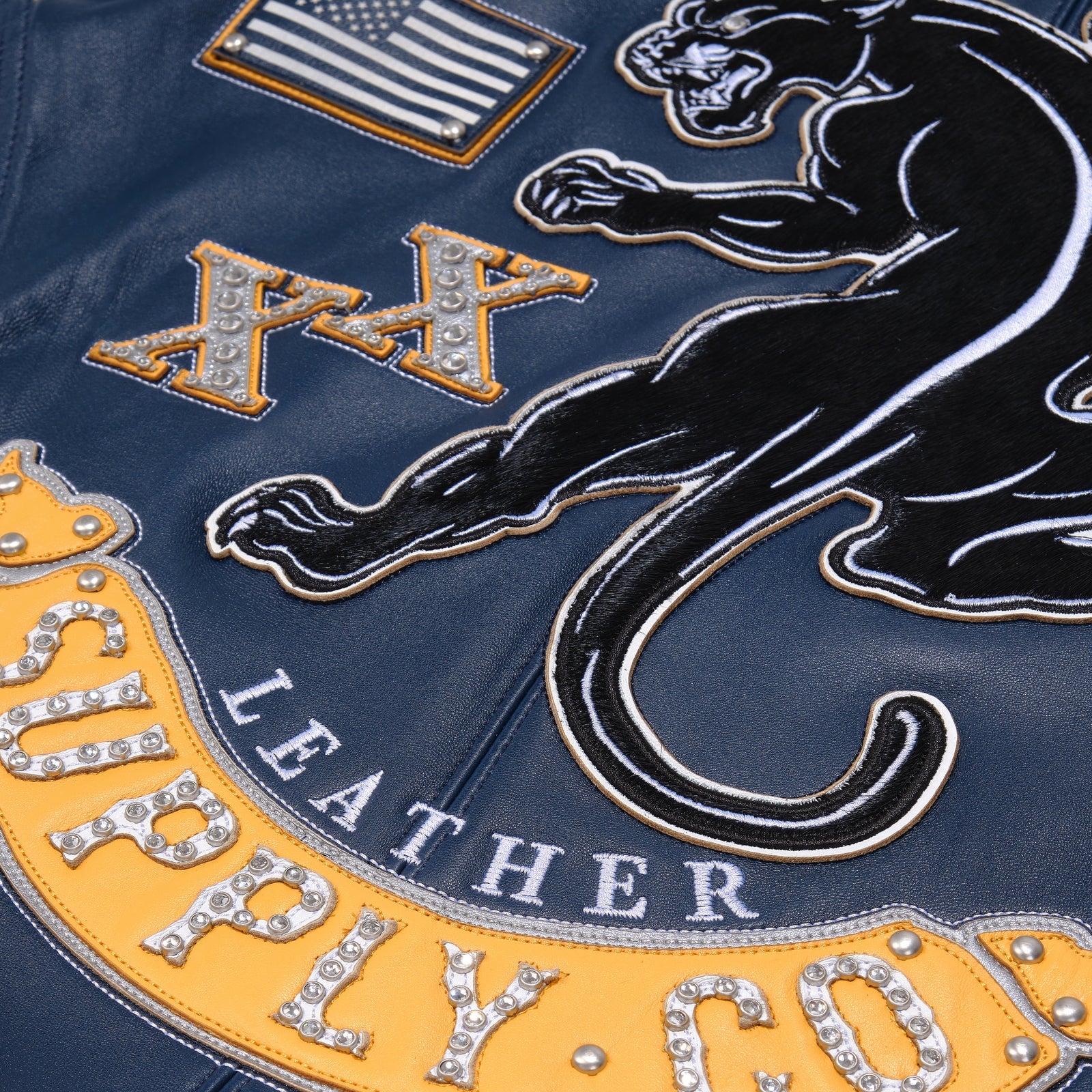 Pelle Pelle Panther Varsity Jacket for Men – Premium Cowhide Leather in Navy & Yellow with Embroidered Patchwork