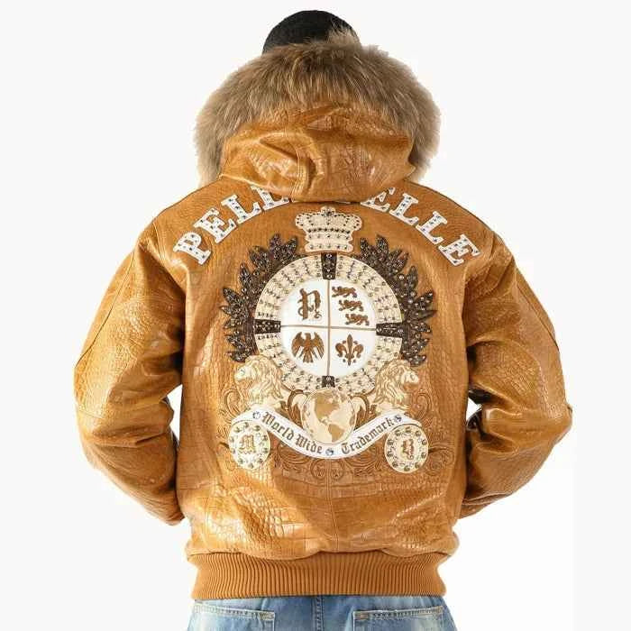 Pelle Pelle Men Brown Crest Fur Hooded Leather Jacket