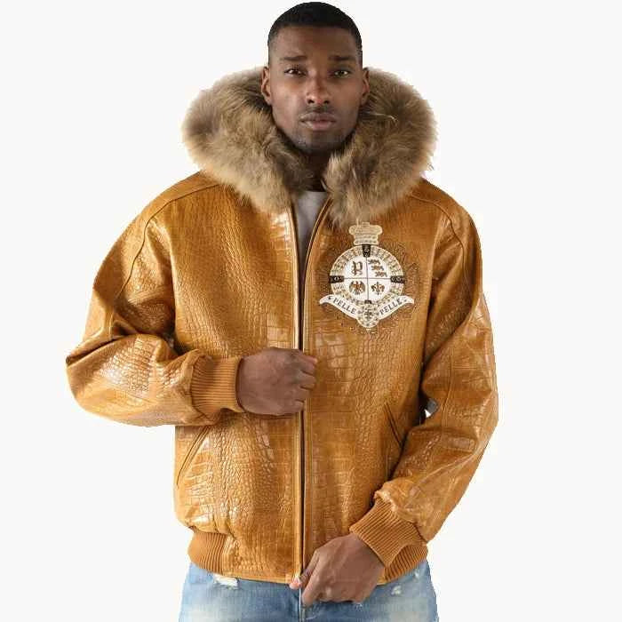 Pelle Pelle Men Brown Crest Fur Hooded Leather Jacket