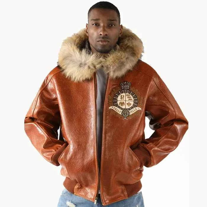 Pelle Pelle Men  Dark Brown Crest Fur Hooded Leather Jacket