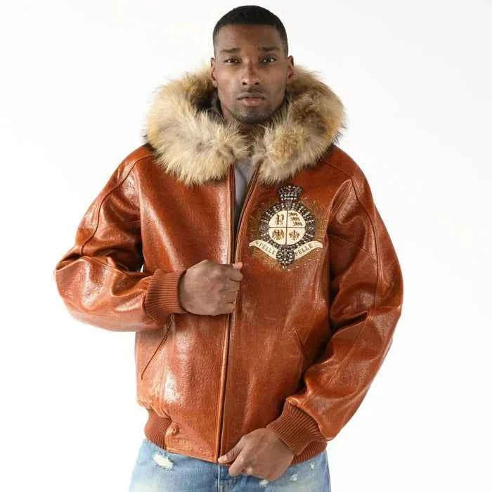 Pelle Pelle Men  Dark Brown Crest Fur Hooded Leather Jacket
