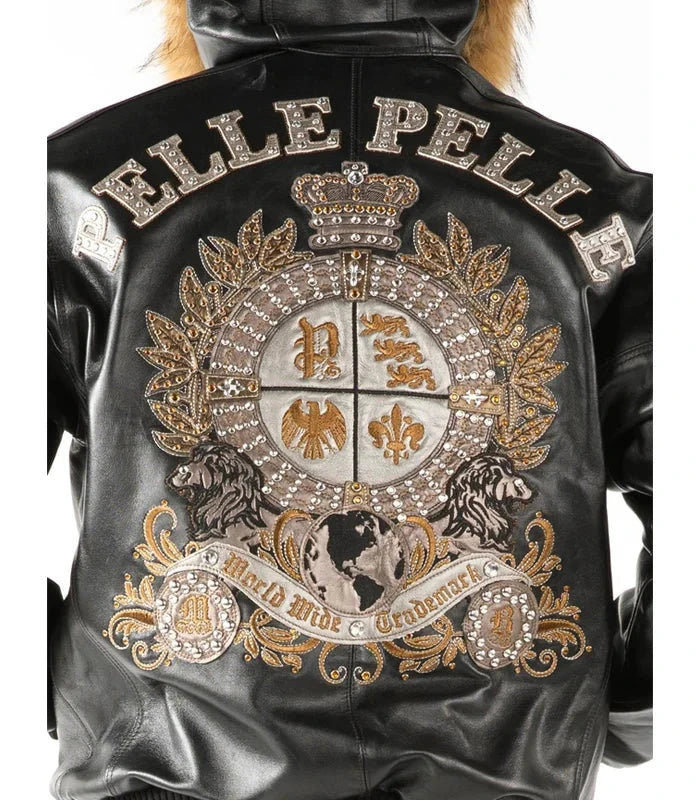 Pelle Pelle MenBlack Crest Fur Hooded Leather Jacket leathertaboo.com