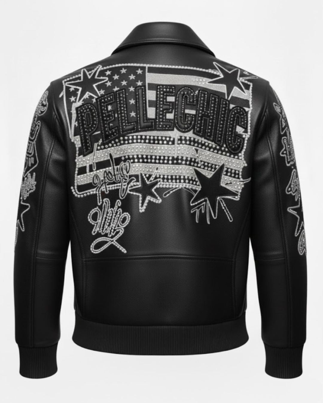 PelleChic™ “Stars & Stripes” Luxury Rhinestone Bomber – 1986 Elite Americana Edition leathertaboo.com