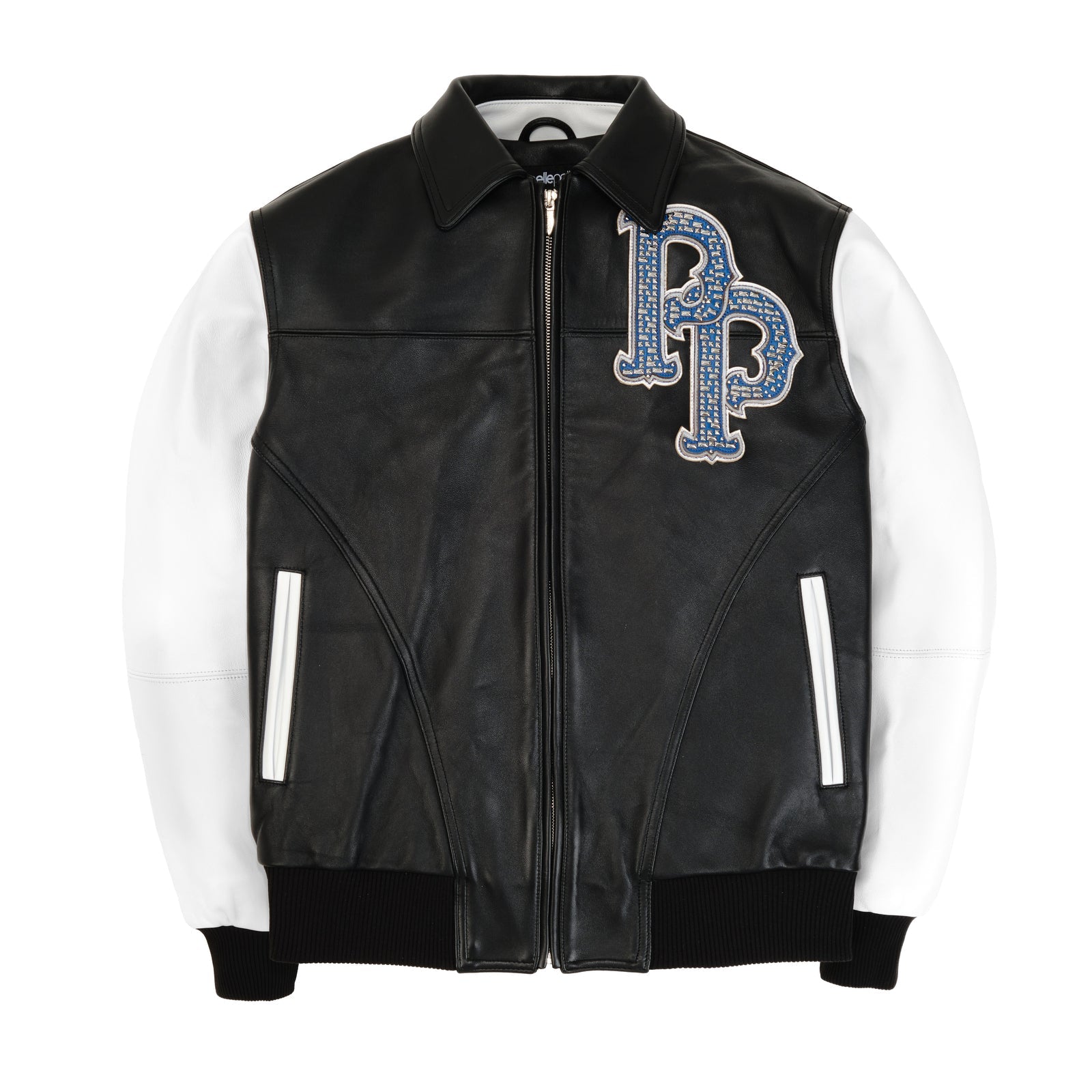 Pelle Pelle World Famous MB Jacket for Men – Black & White Cowhide Leather with Crystal Eagle Back Patch