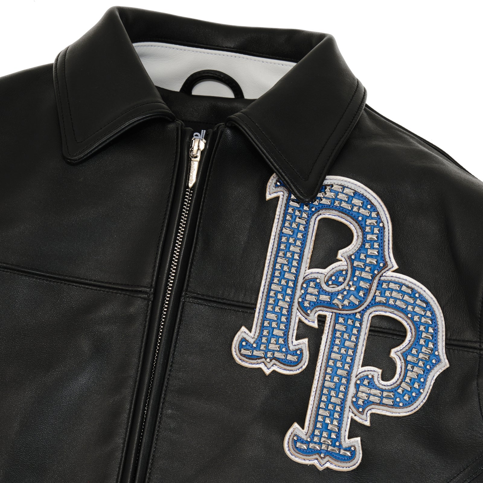Pelle Pelle World Famous MB Jacket for Men – Black & White Cowhide Leather with Crystal Eagle Back Patch