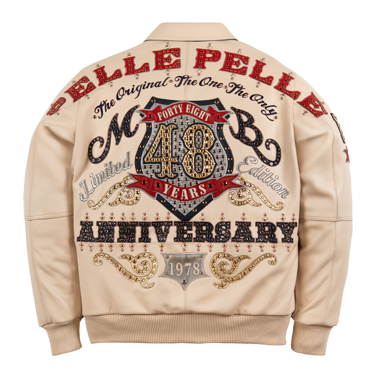 Back of cream Pelle Pelle-style 48th Anniversary leather jacket with studded 48 crest, red lettering and 1978 pennant