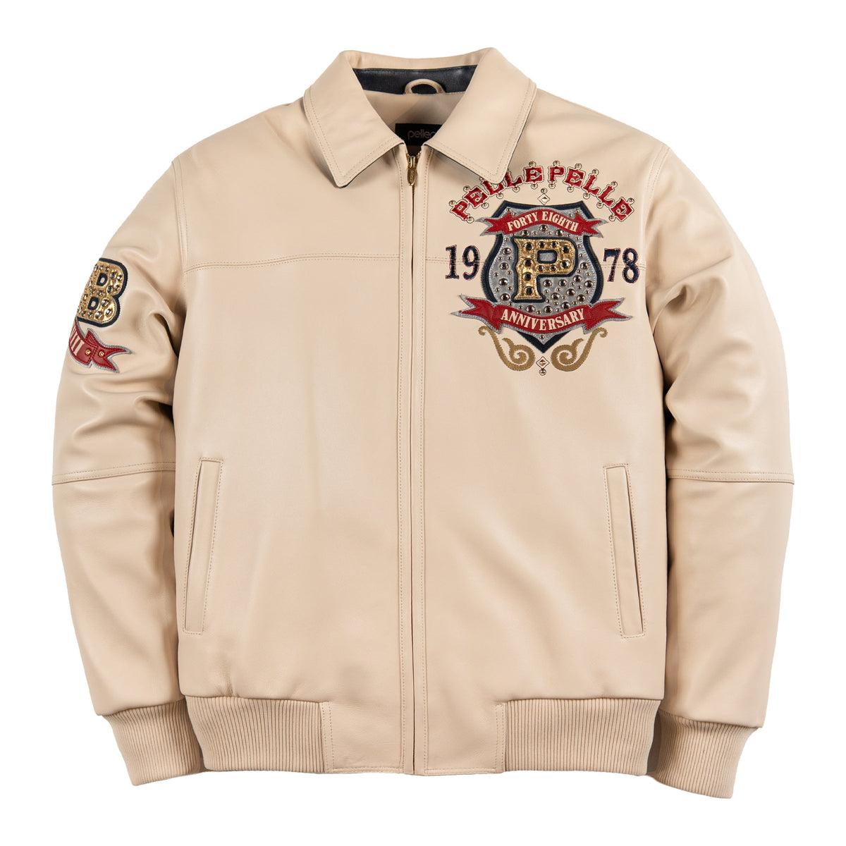 Front of cream studded leather bomber jacket with 1978 anniversary chest shield, B sleeve badge and full zip