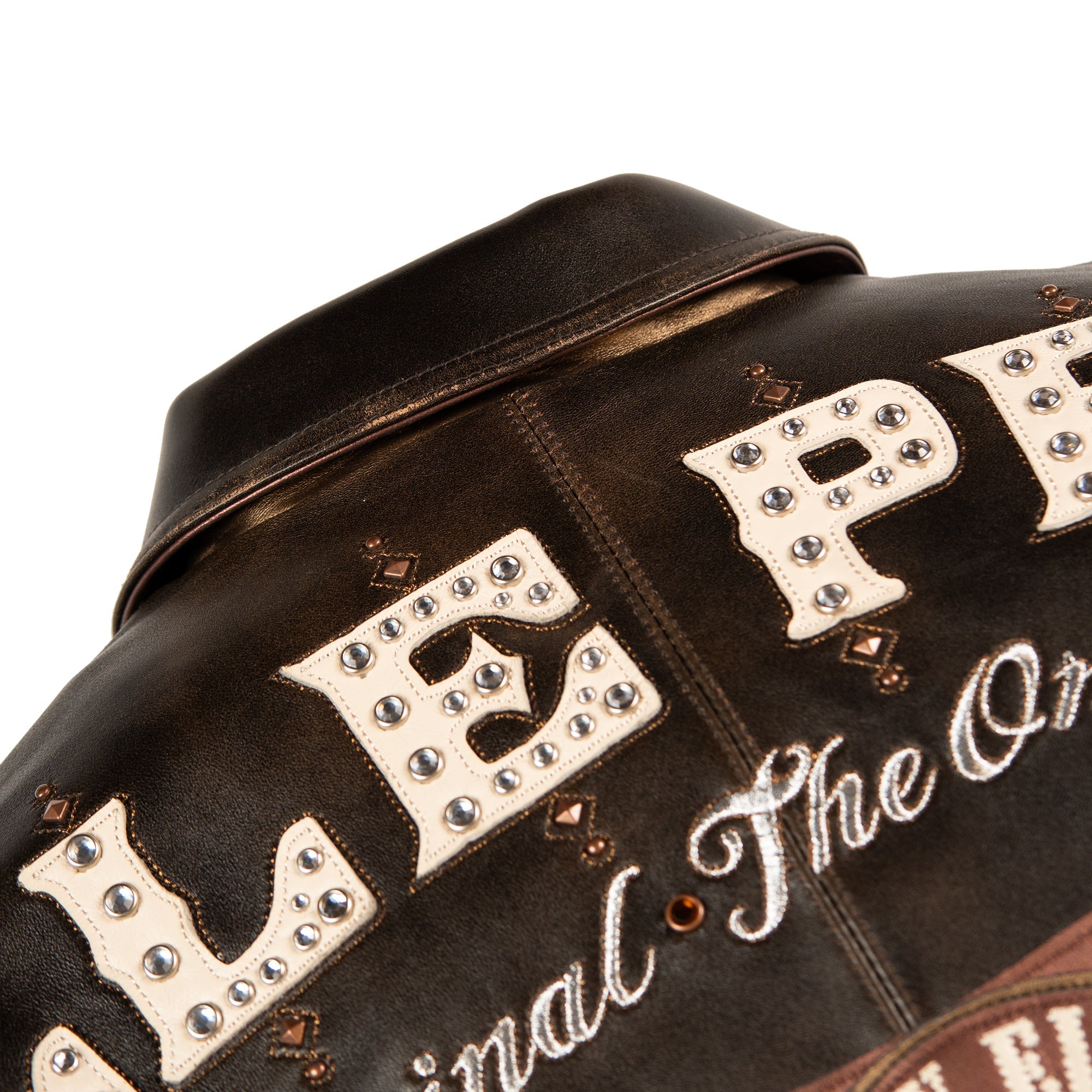 genuine cowhide leather, distressed antique-brown finish with lighter rub-through at the seams and edges