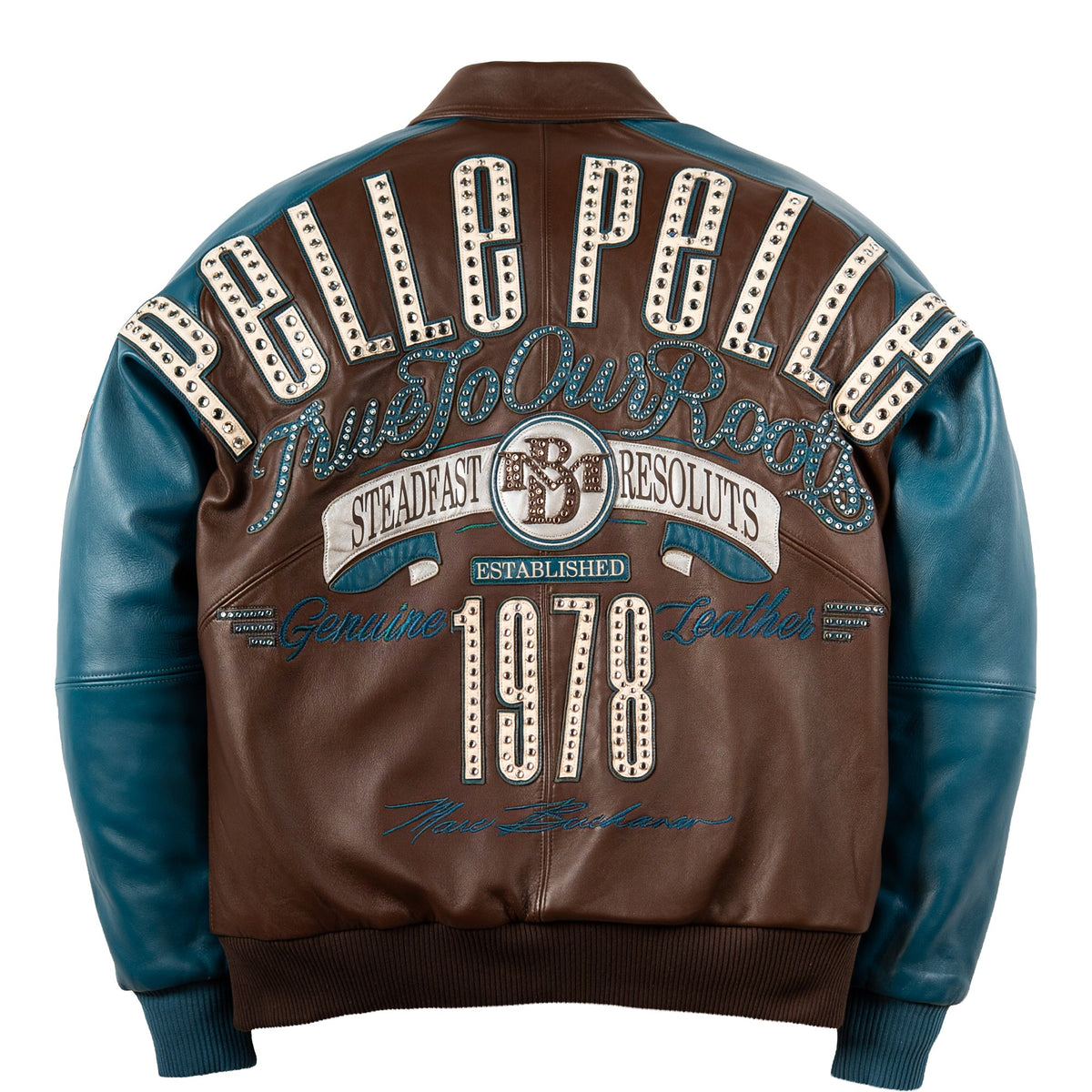 True To Our Roots" brown & teal studded leather jacket
