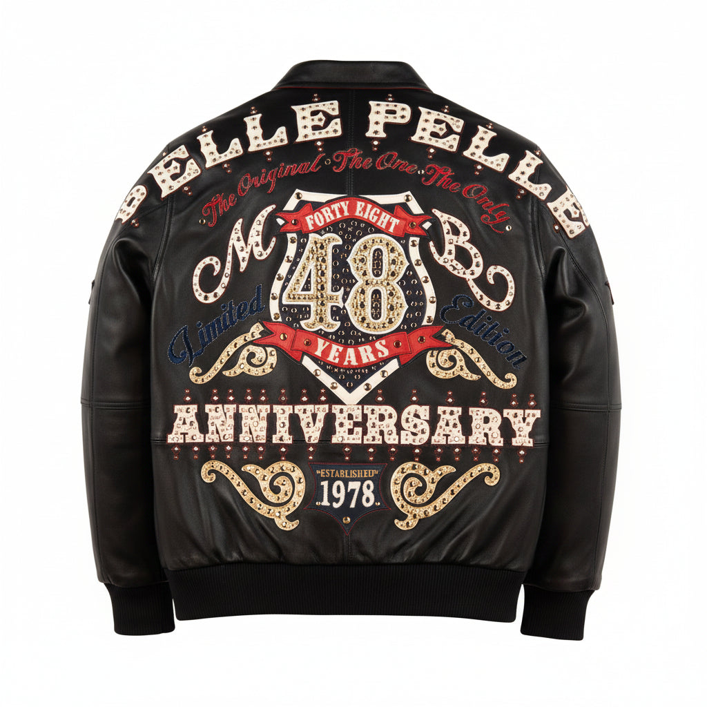 Back view of a black leather jacket featuring Pelle Pelle lettering, a large 48 anniversary crest and red banner details
