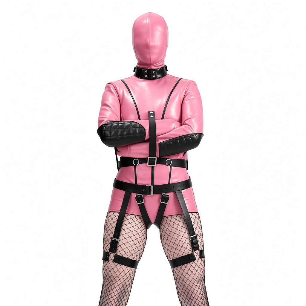 Pink leather straitjacket front view with black buckle straps, quilted black sleeve panels, contrast piping and metal rings, styled with a hood.