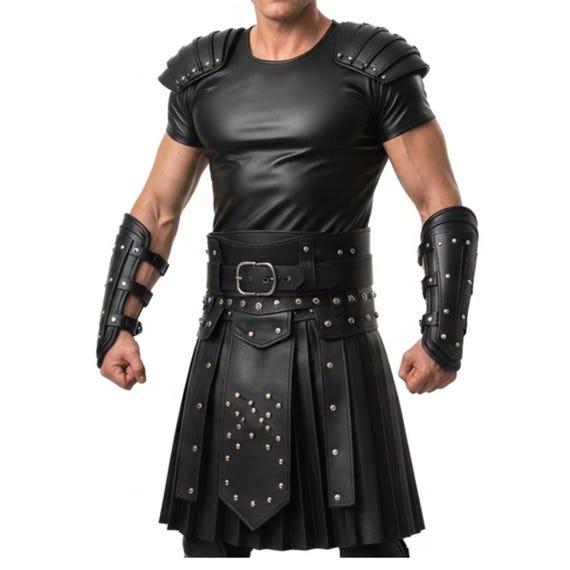 Men's Real Leather Gladiator Kilt With Stud Pleated Halloween Wear