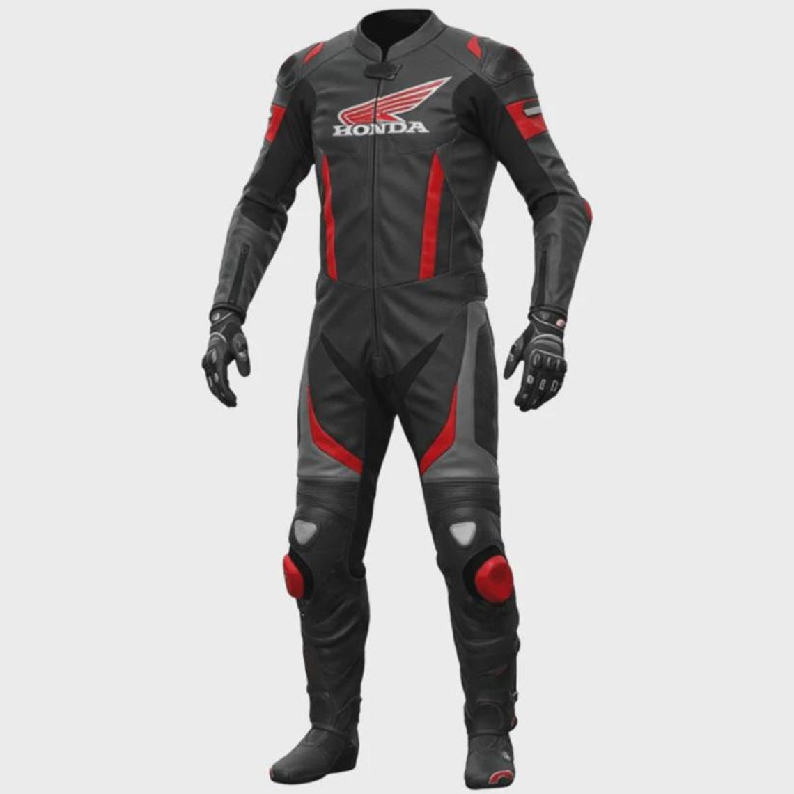 One piece Honda leather motorcycle racing suit with breathable lining and slim ergonomic racing fit.
