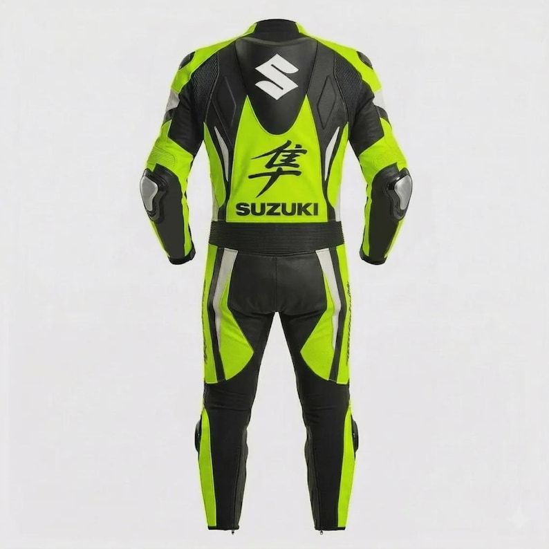 Premium Suzuki biker leather suit with reinforced knee sliders and professional motorcycle protection