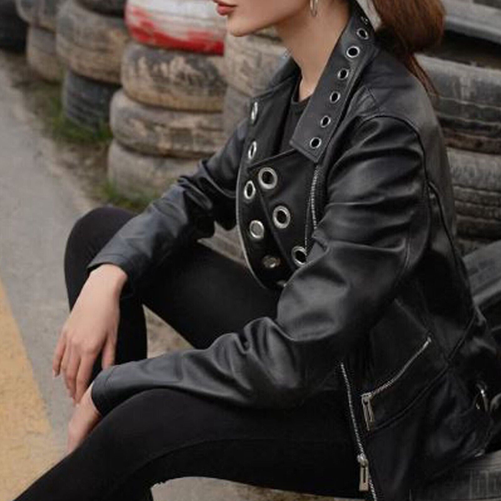Premium black slim fit leather jacket women streetwear style