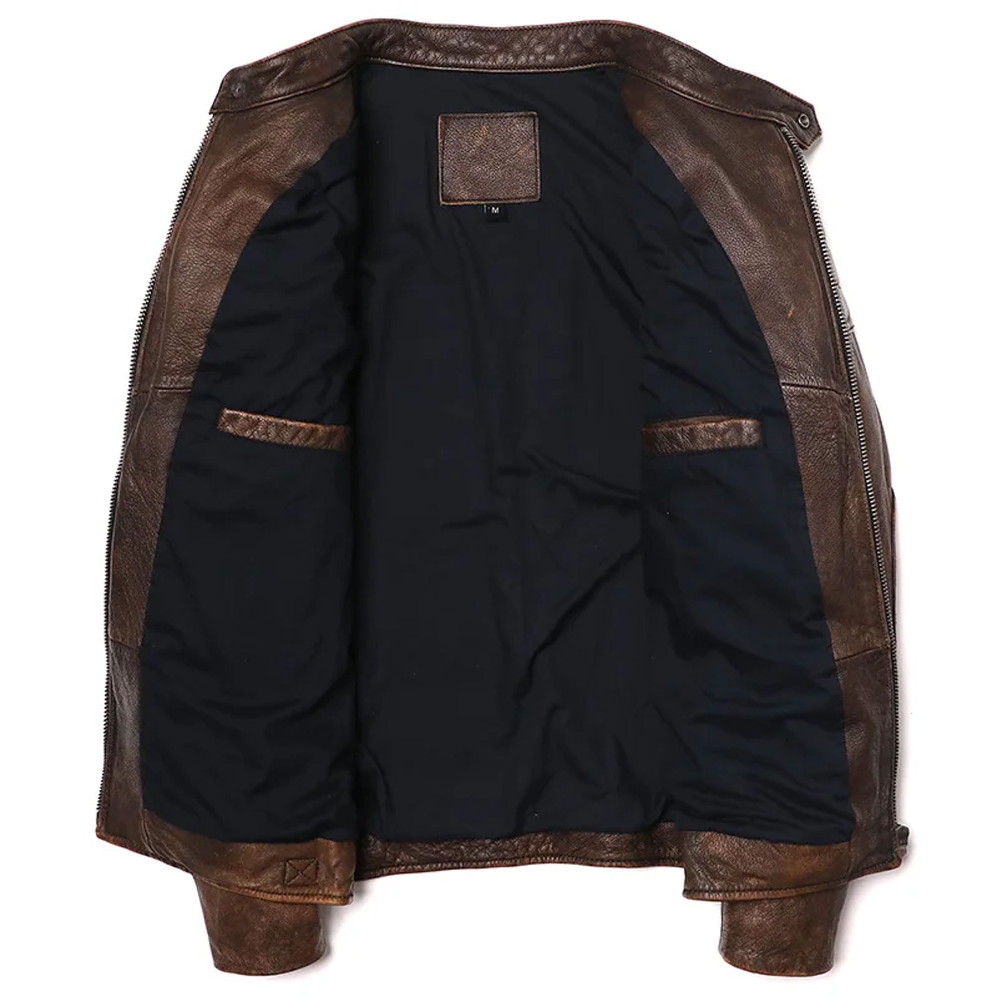 Premium genuine leather biker jacket showing detailed stitching and asymmetrical zip design