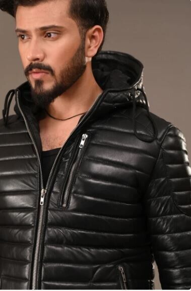 Premium men leather padded jacket with hood and zipper closure