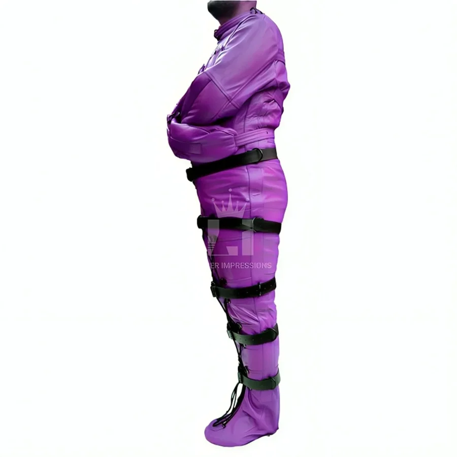 Side view of purple leather restraint suit with crossed enclosed sleeves, black buckle straps, lower lacing and a closed foot section.