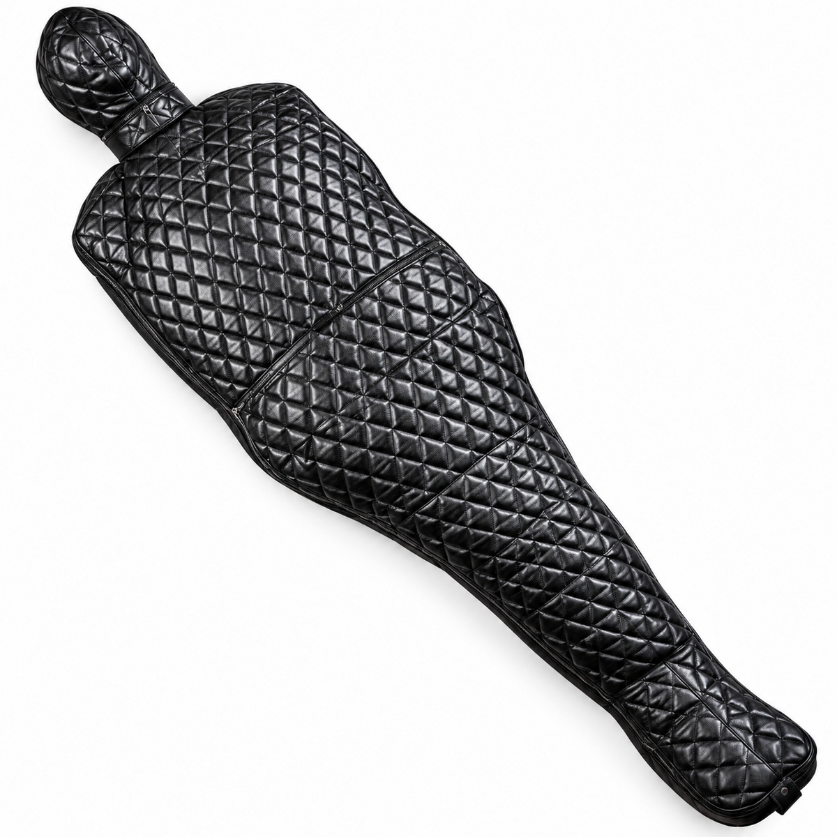 Quilted black leather body bag displayed flat on white, with diamond stitching, tapered enclosed foot section, hood section and dark zipper details.