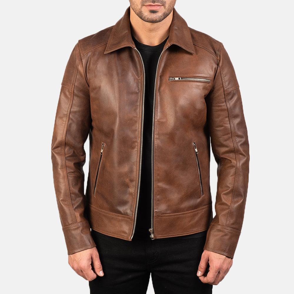 Men’s Brown Real Leather Hunter Jacket (Stand-Up Collar Full Zip Warm Coat)