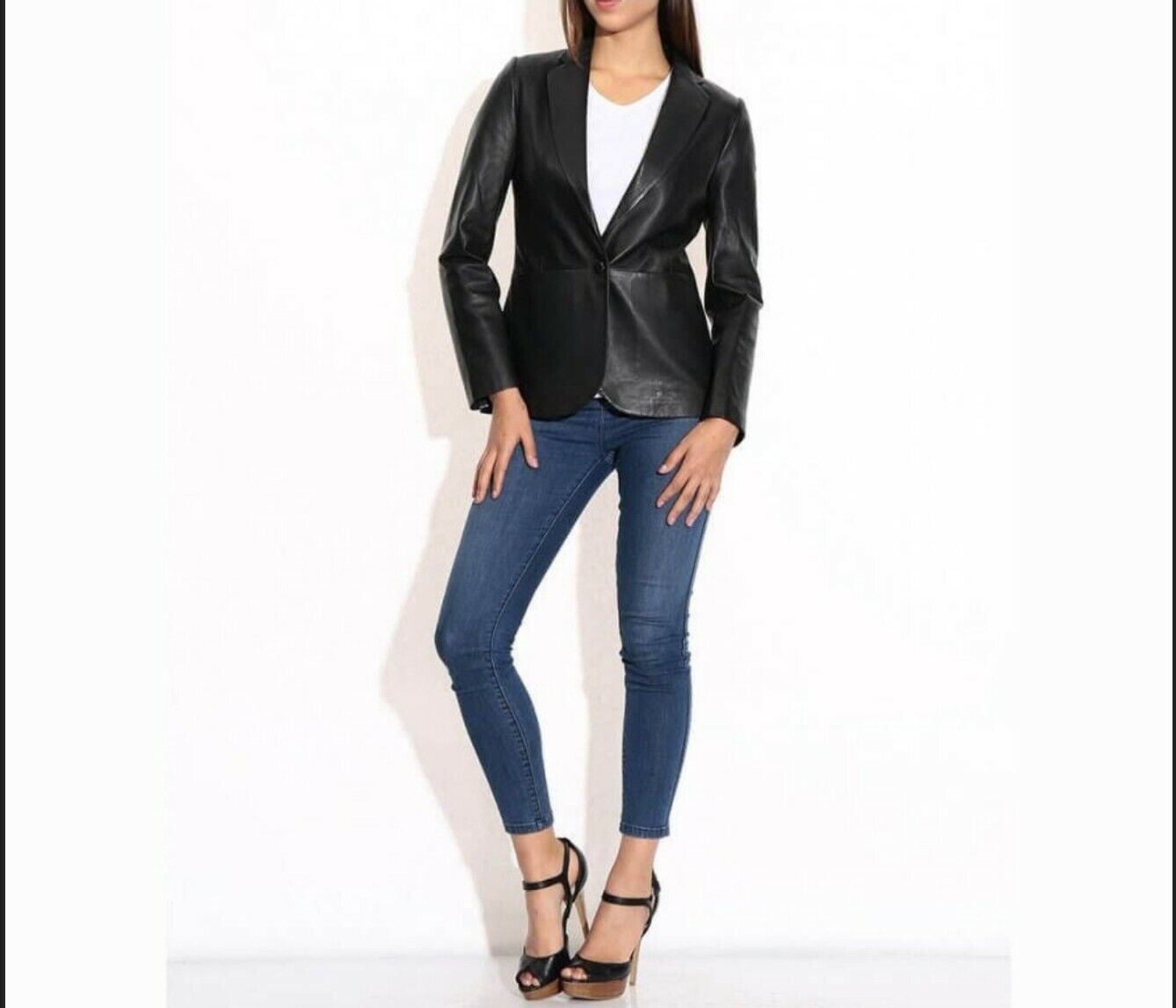 Slim fit black leather blazer coat women elegant outfit look