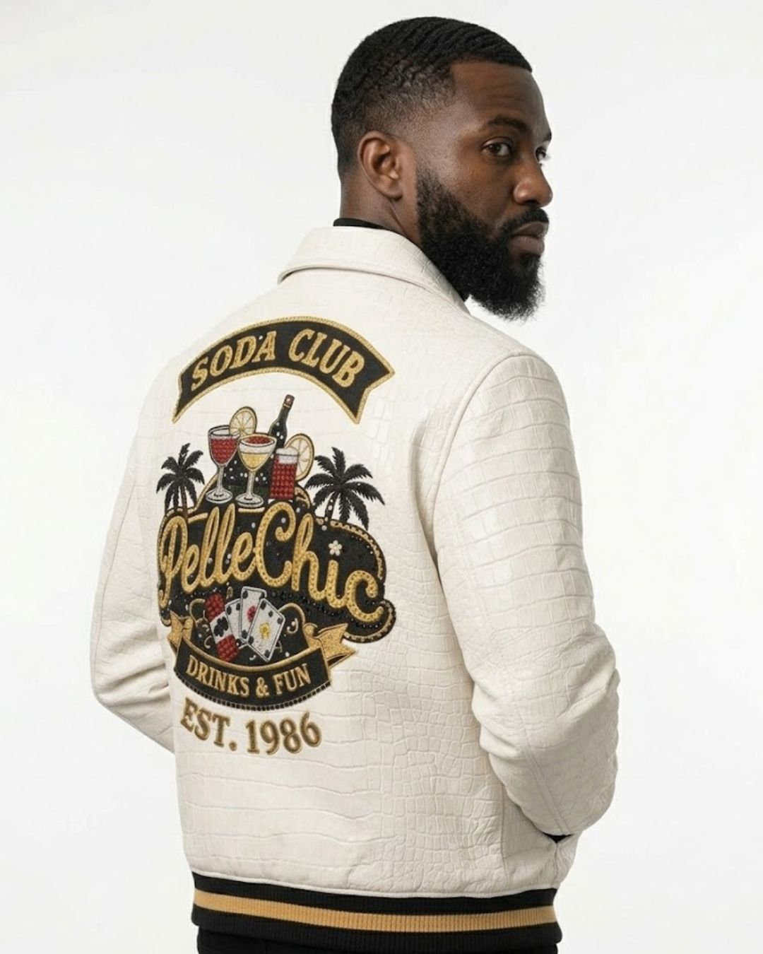 Soda Club “Collector’s Series” White Croc-Embossed Varsity Jacket leathertaboo.com