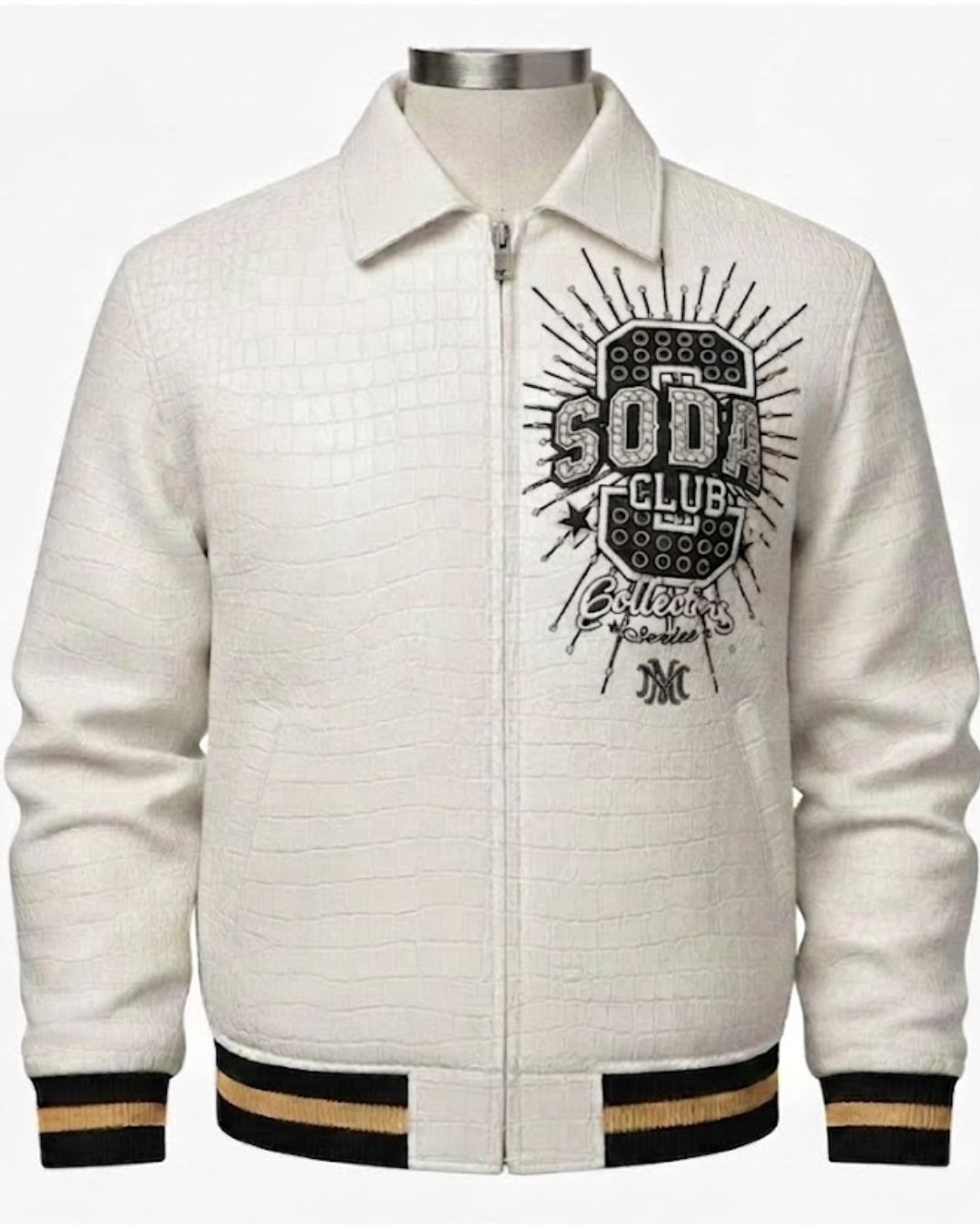 Soda Club “Collector’s Series” White Croc-Embossed Varsity Jacket leathertaboo.com
