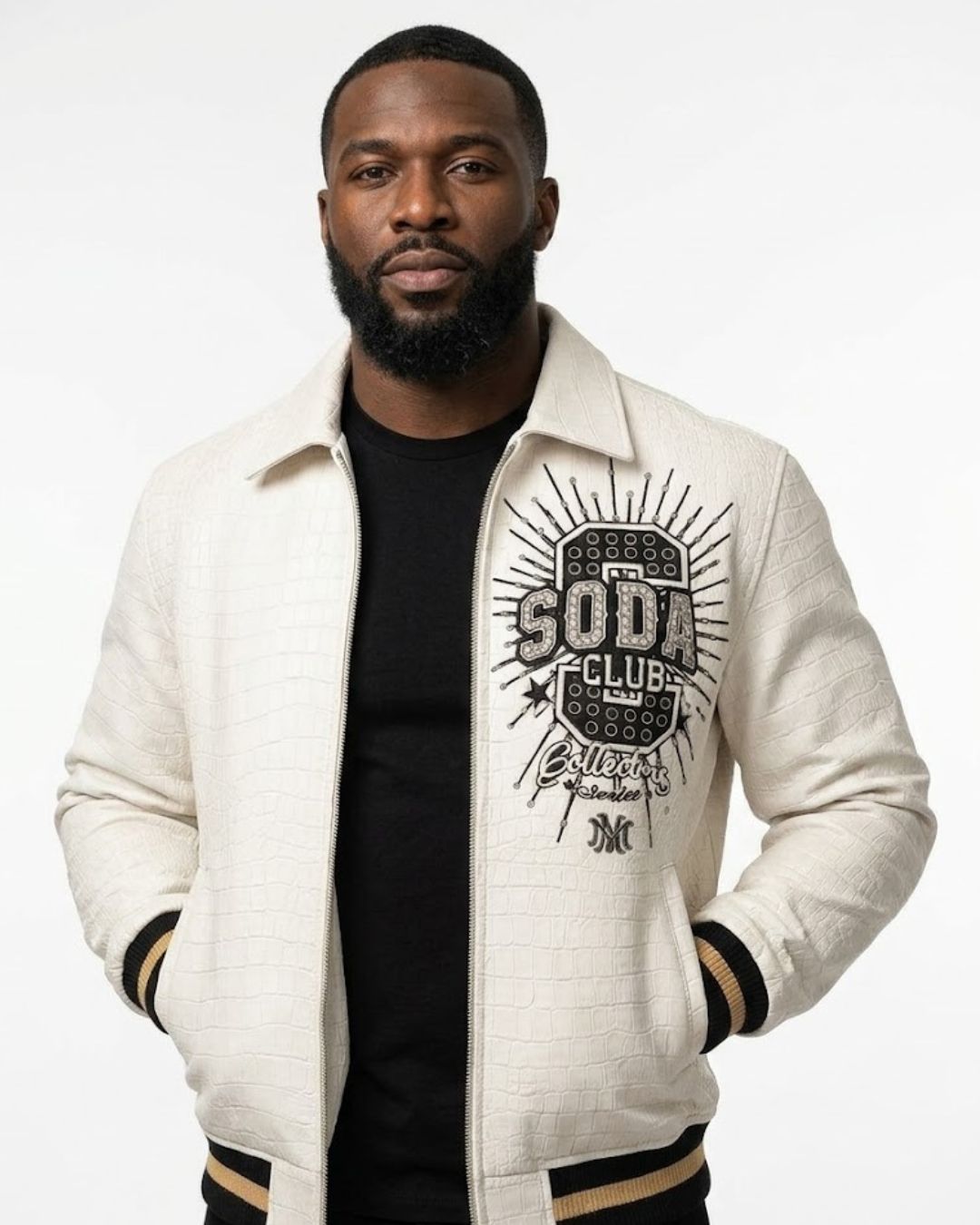 Soda Club “Collector’s Series” White Croc-Embossed Varsity Jacket leathertaboo.com