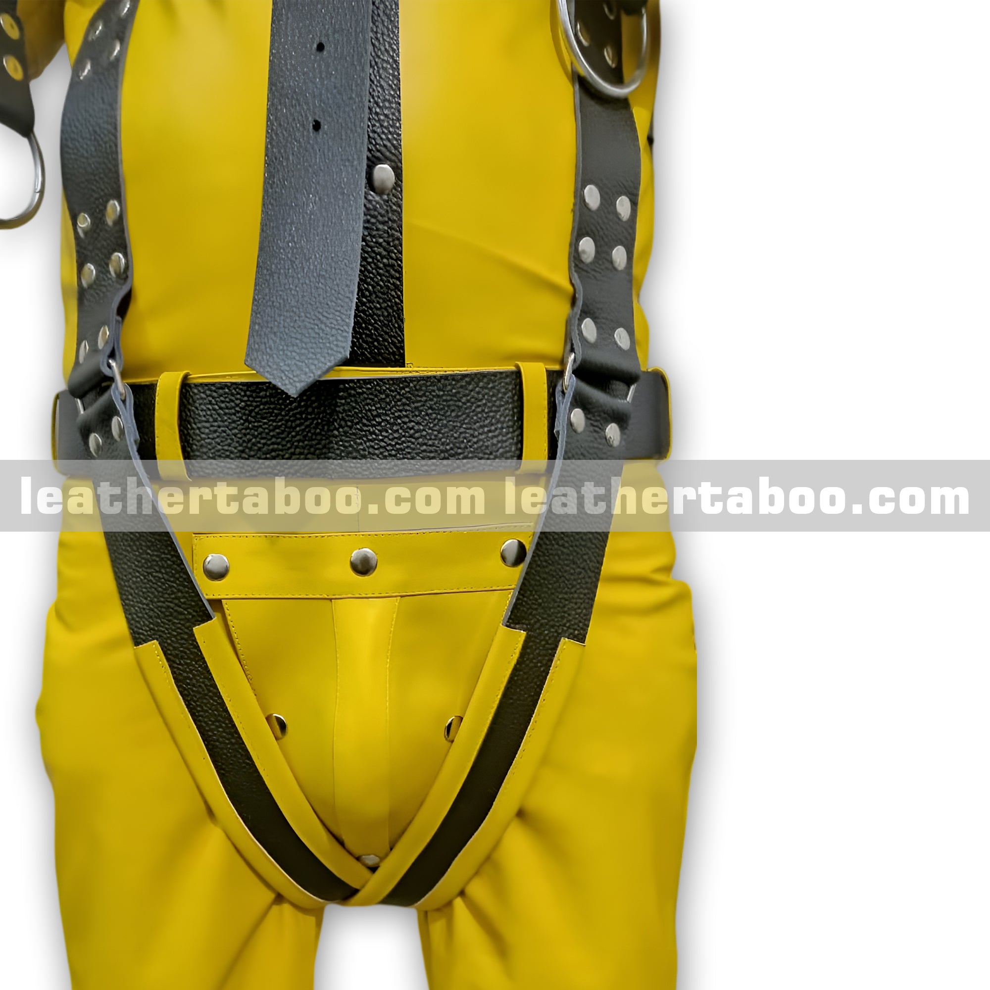 Heavy Duty Yellow Bondage Restraint Suit with Black Leather Straps – Full Body BDSM Gear