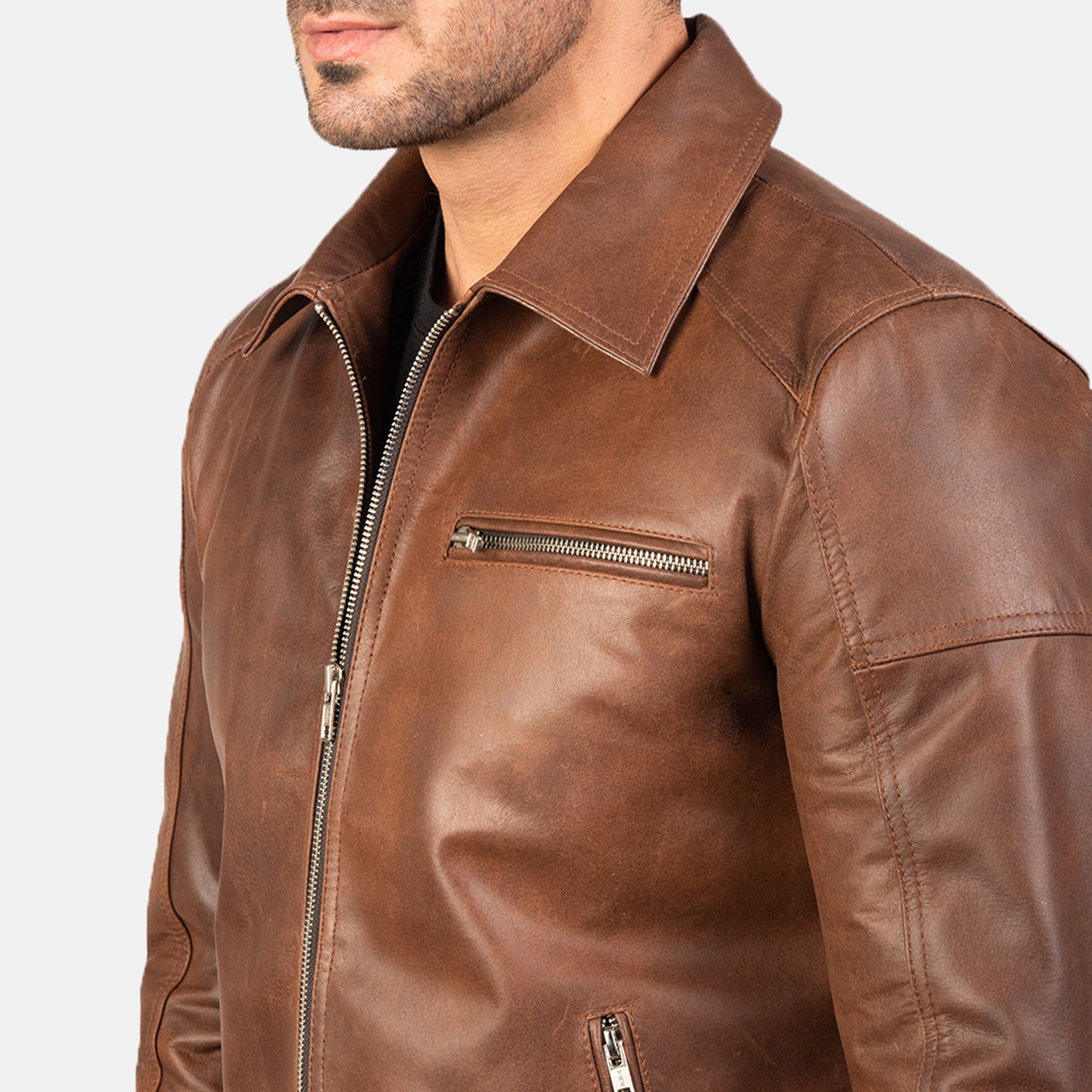 Stylish brown leather jacket modern biker fashion