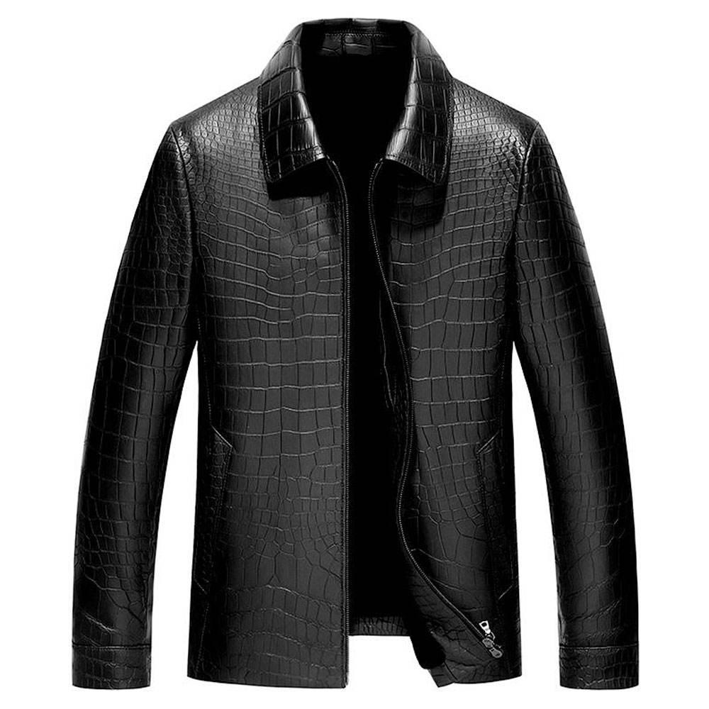 Man's Plain Cowhide & Crocodile Texture Skin Stylish Leather Jacket