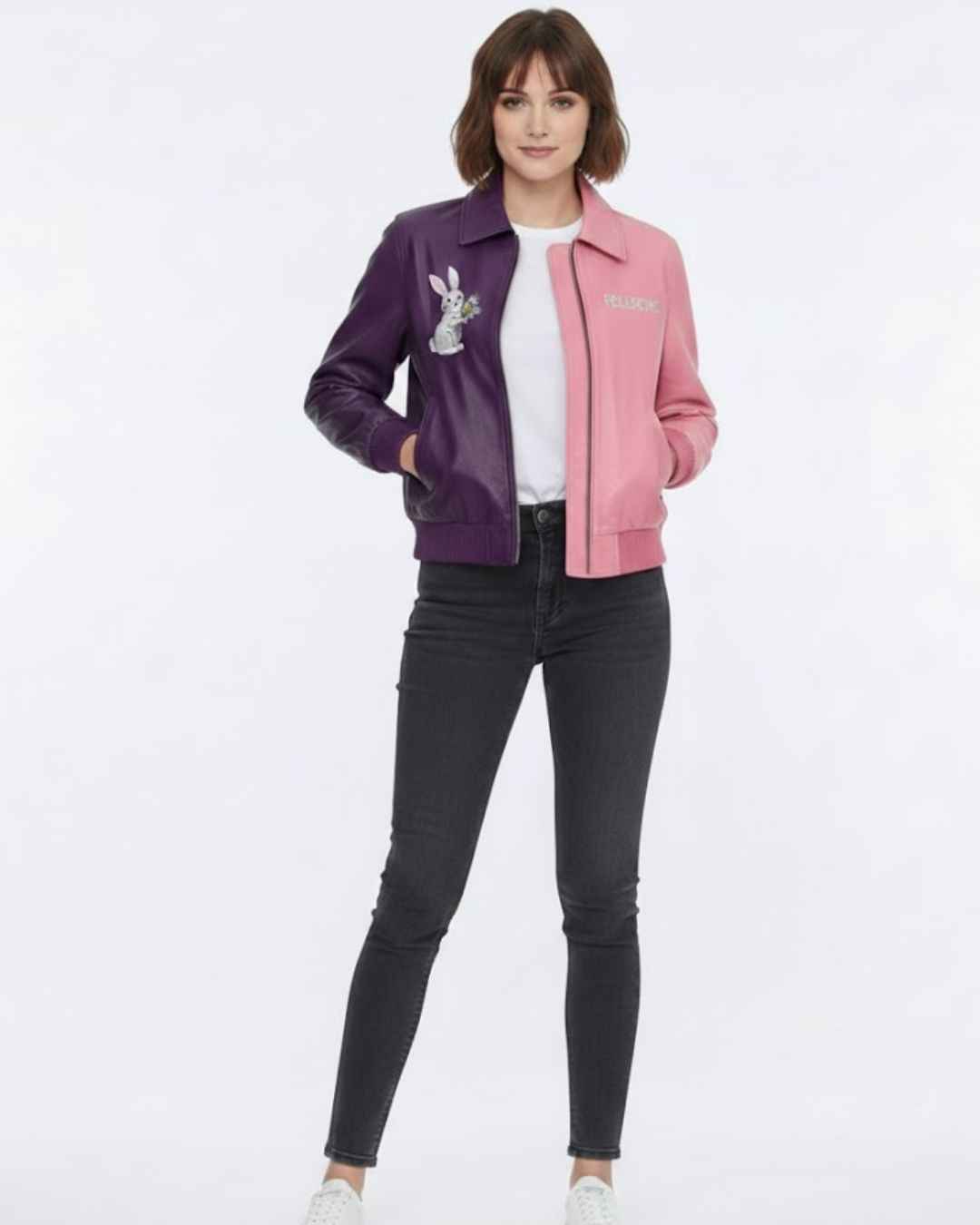 Two-Tone Leather Jacket with Floral Rabbit Embroidery