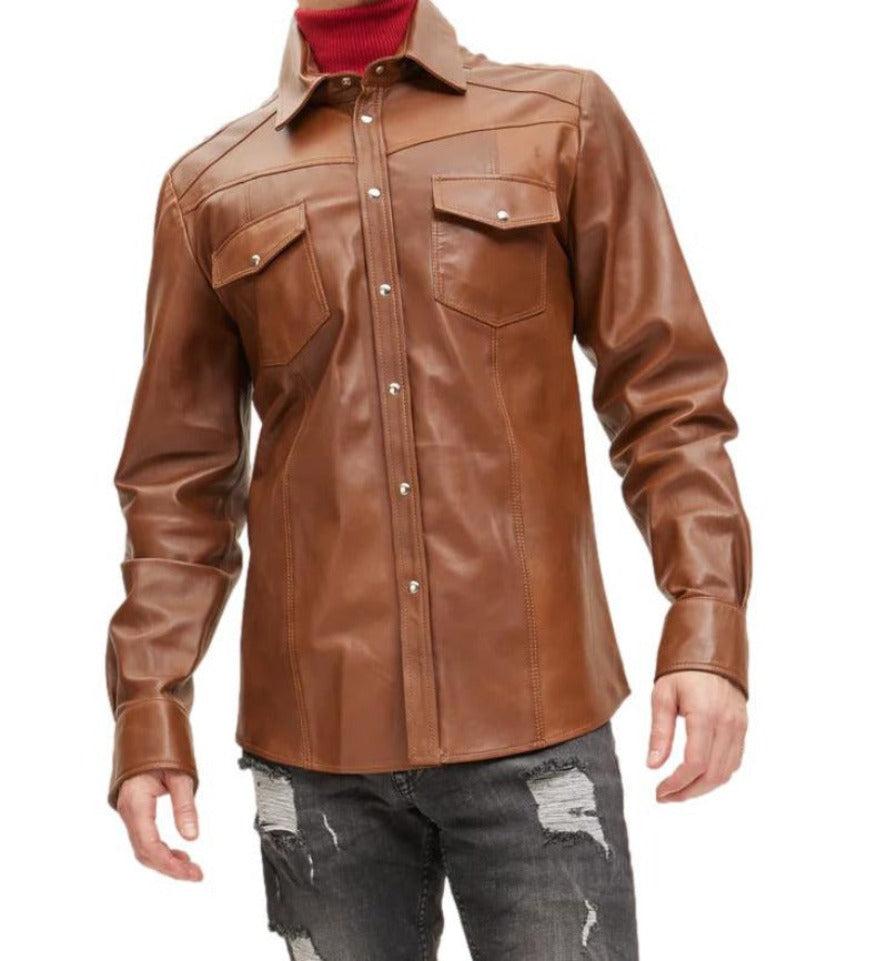 Men’s Soft Brown Leather Shirt Jacket (Slim Fit Vintage Button-Up)