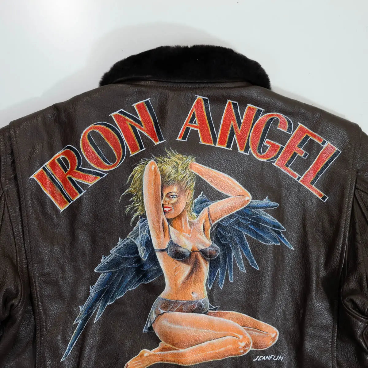 Vintage Brown Genuine Leather G-1 Flight Jacket With Custom Iron Angel Artwork, artwork detail