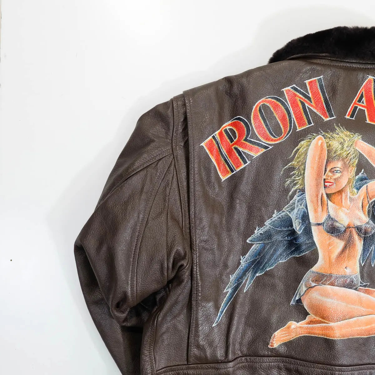Vintage Brown Genuine Leather G-1 Flight Jacket With Custom Iron Angel Artwork, side view